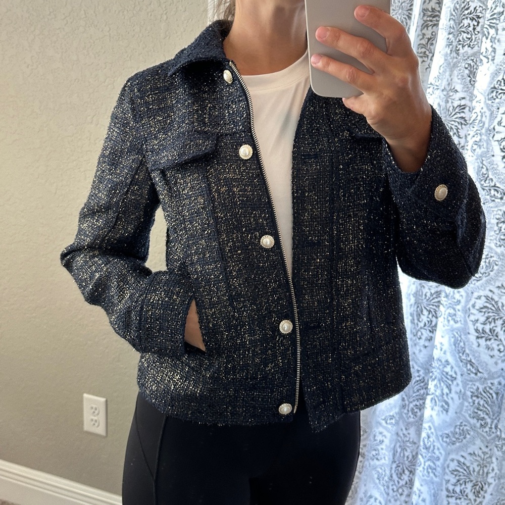 NWT Chico’s women’s navy and metallic gold foil tweed classic jacket Size 0